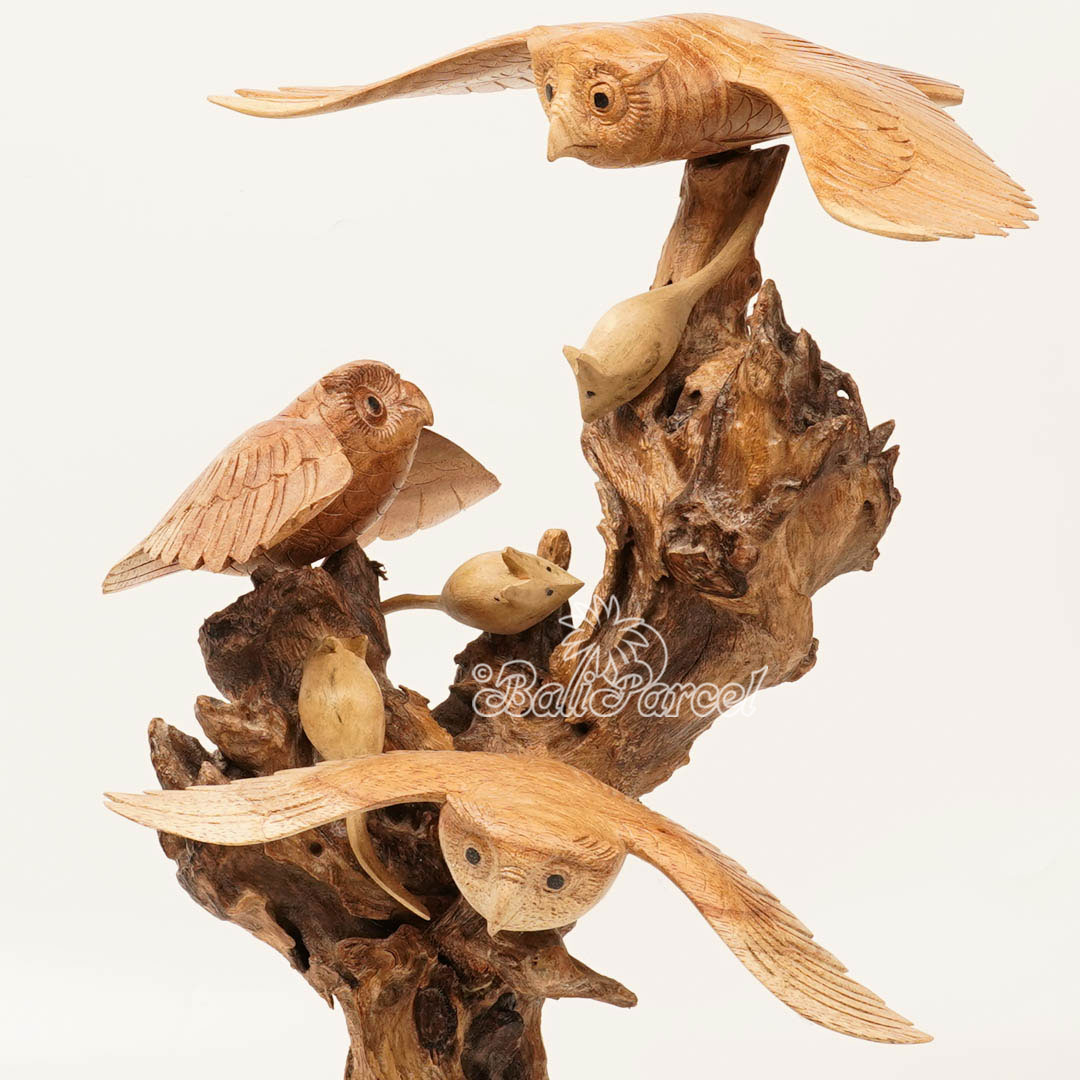 Wooden 3 Owl With Mouse Parasite, Handmade From Hibiscus Wood