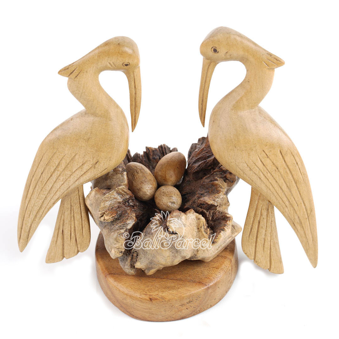Wooden 2 Crane With Eggs On Parasite, Handmade From Hibiscus Wood