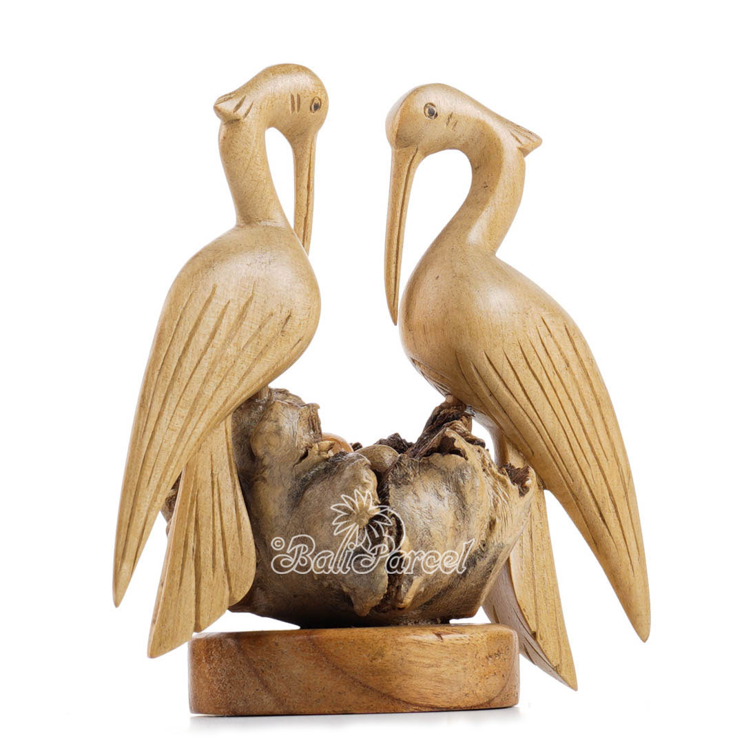 Wooden 2 Crane With Eggs On Parasite, Handmade From Hibiscus Wood