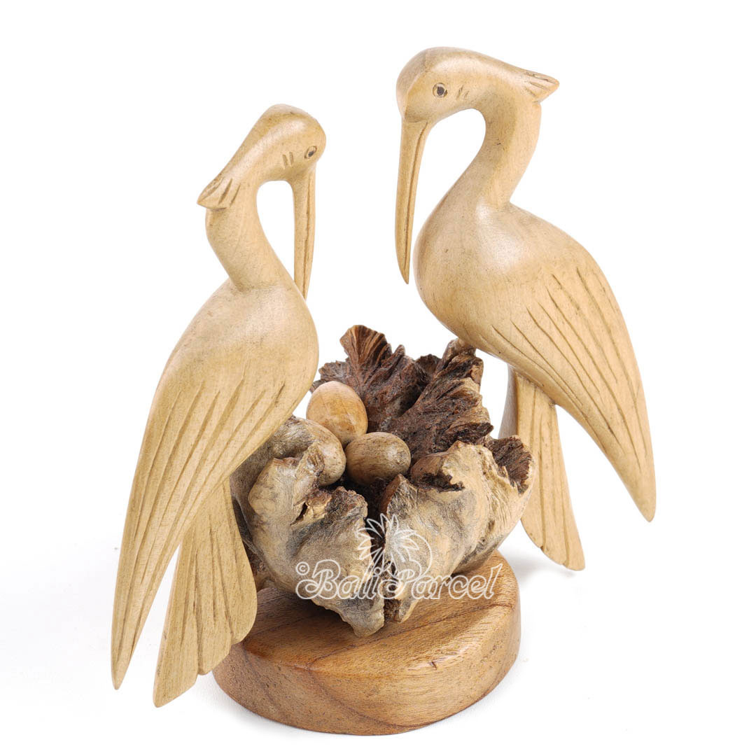 Wooden 2 Crane With Eggs On Parasite, Handmade From Hibiscus Wood