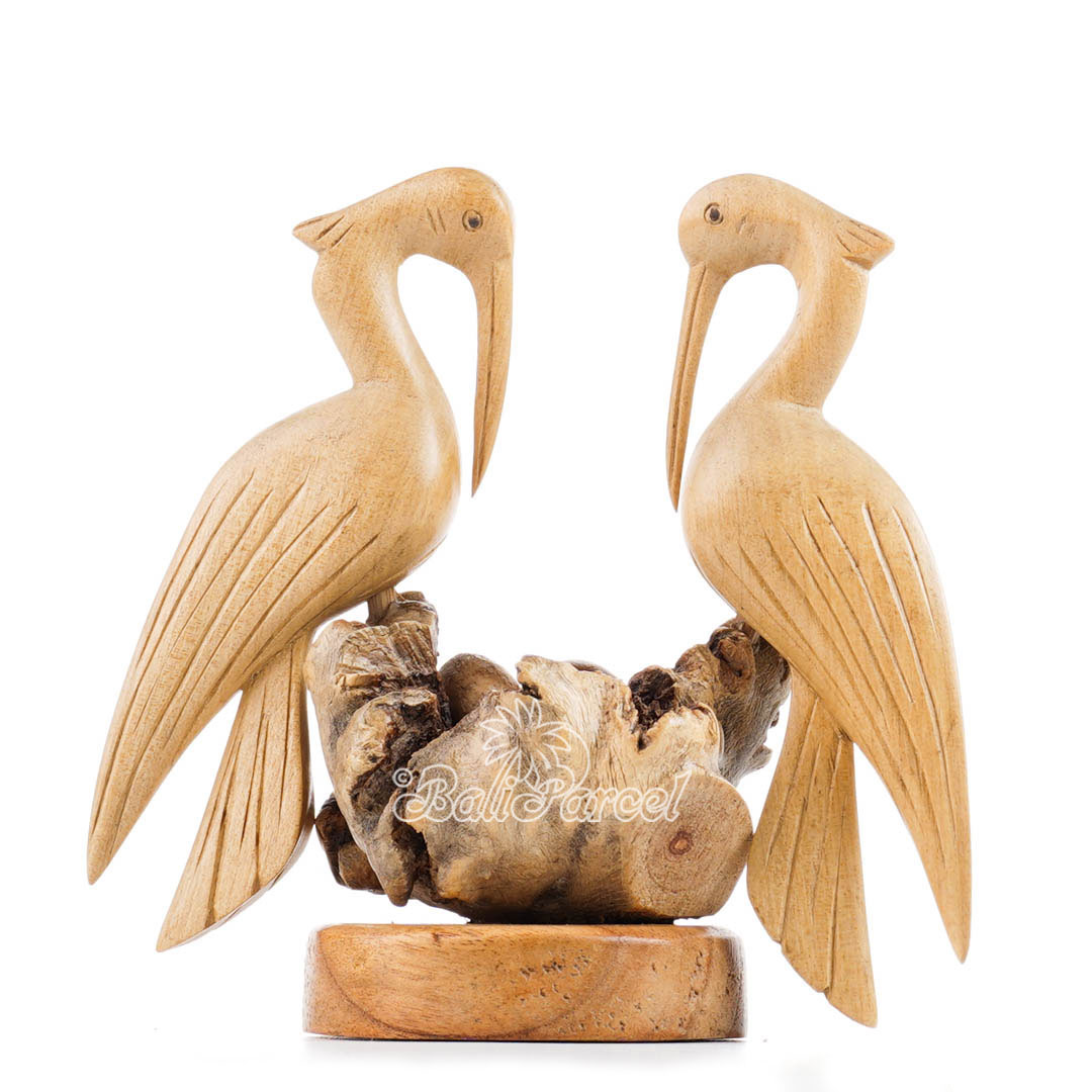 Wooden 2 Crane With Eggs On Parasite, Handmade From Hibiscus Wood