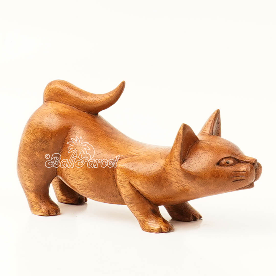 Wooden Cat, Handmade From Hibiscus Wood With Brow Polished