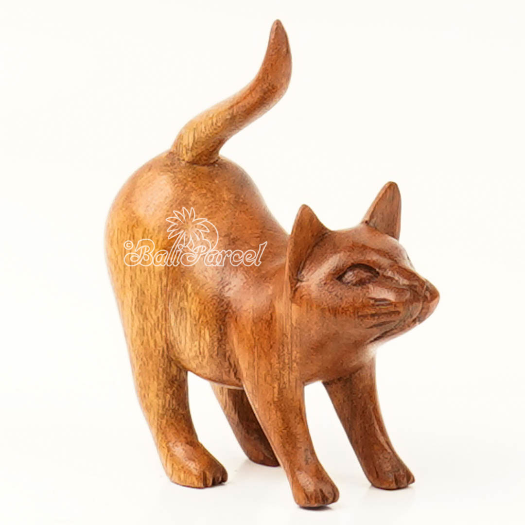Wooden Cat, Handmade From Hibiscus Wood With Brow Polished