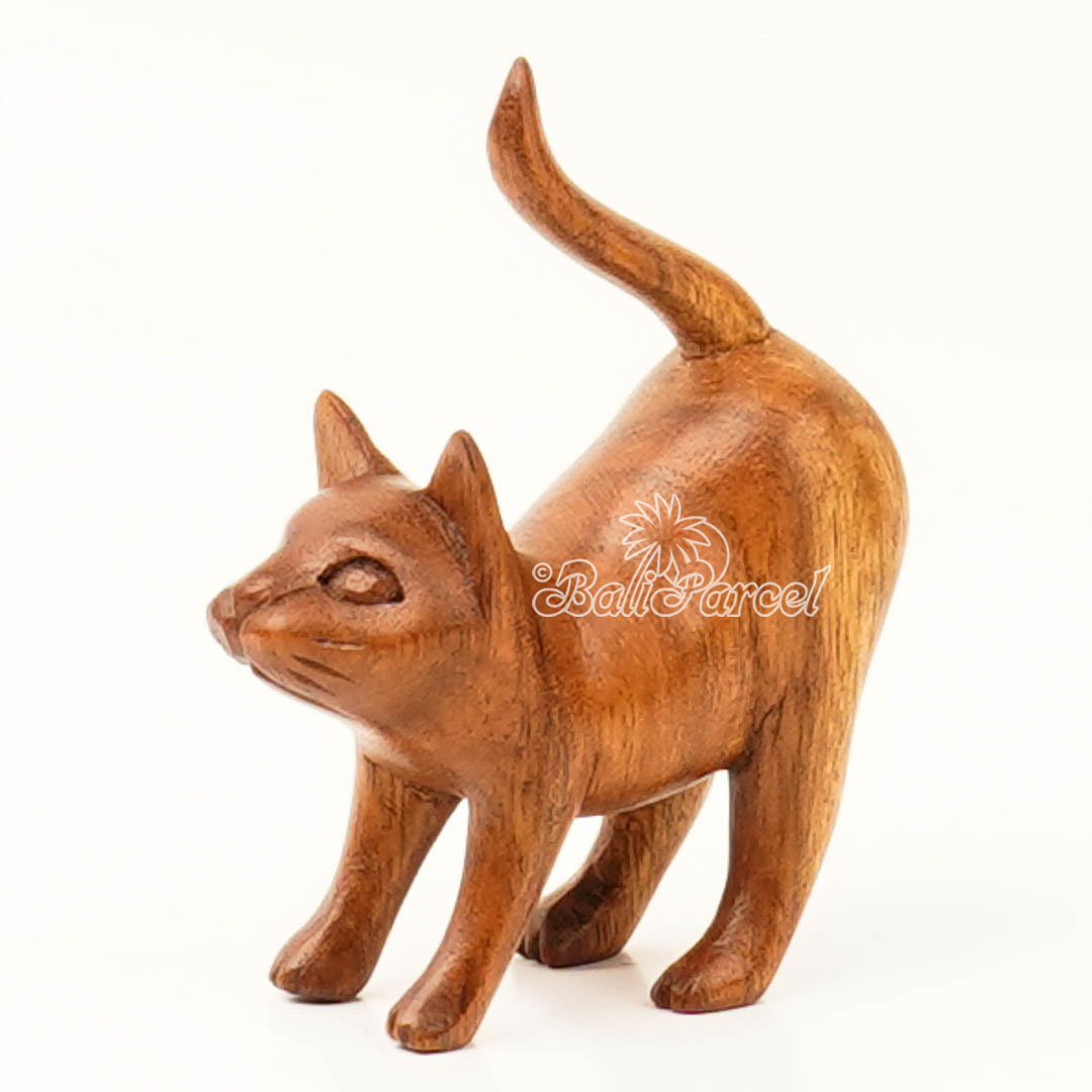Wooden Cat, Handmade From Hibiscus Wood With Brow Polished