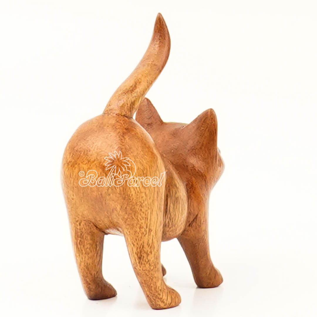 Wooden Cat, Handmade From Hibiscus Wood With Brow Polished