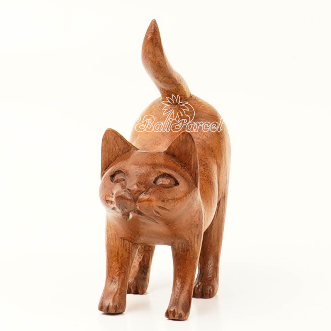 Wooden Cat, Handmade From Hibiscus Wood With Brow Polished