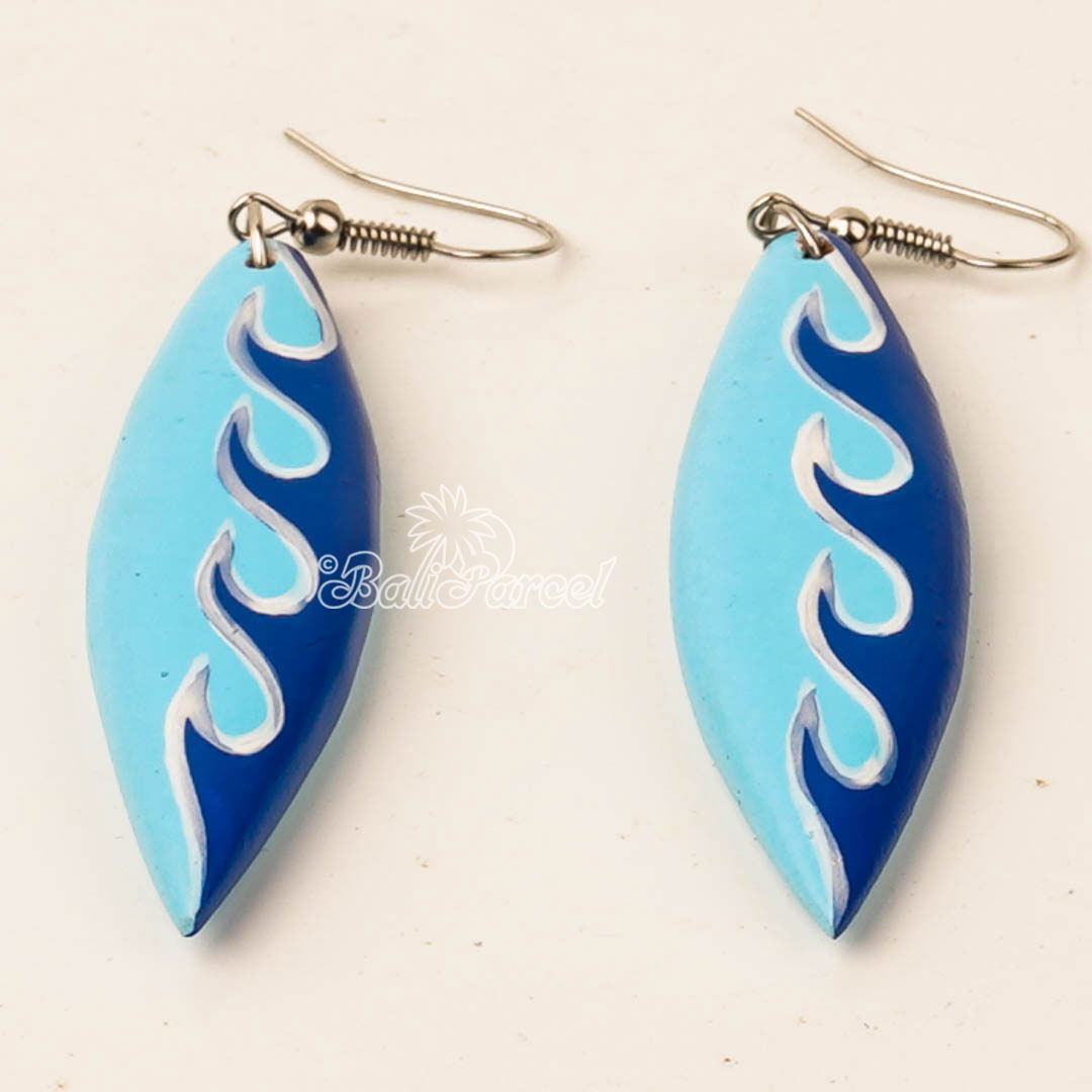 Wooden Earring Shape Surfing, Handmade From Pinus Wood