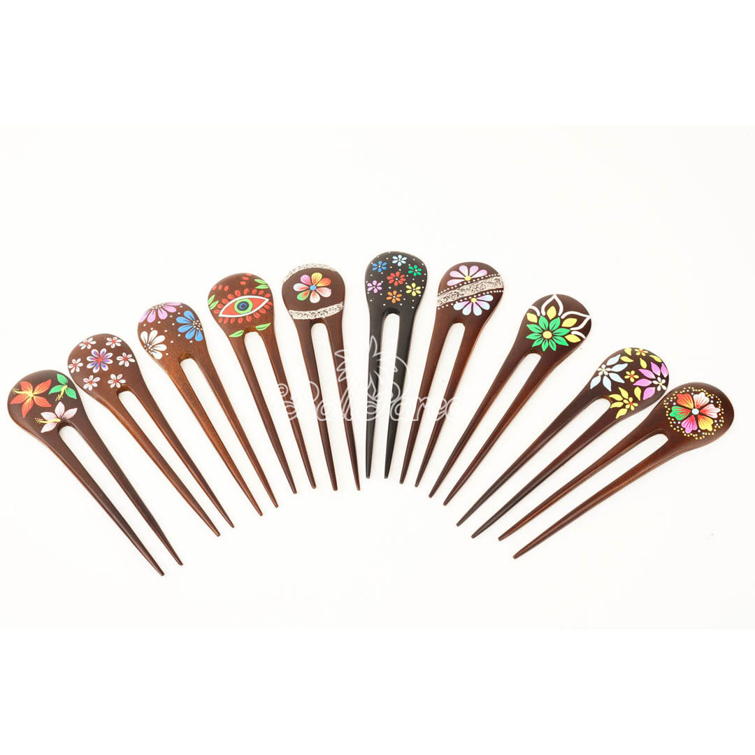 Assorted Hair Ornament With Painted, Handmade From Pinus Wood