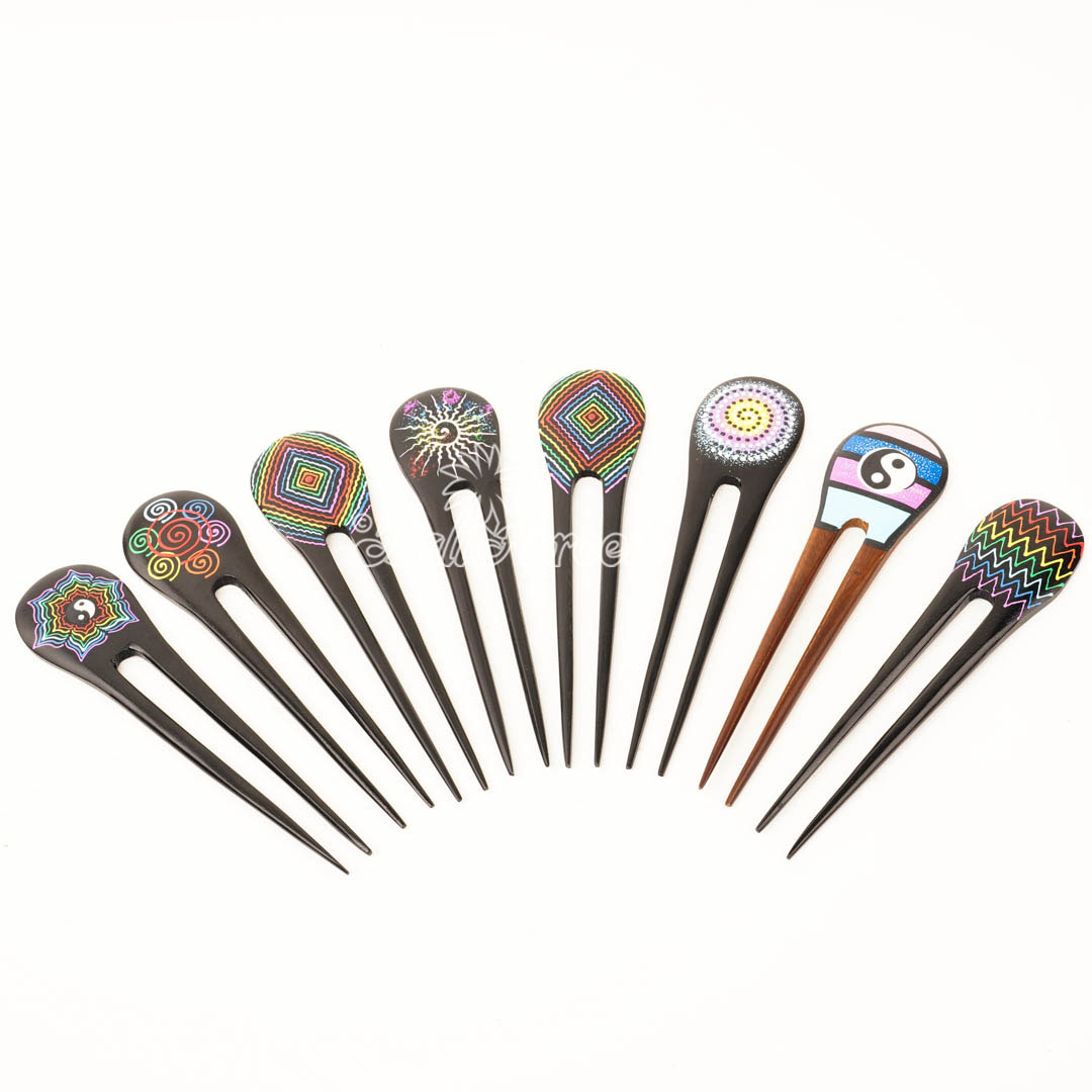 Assorted Hair Ornament With Painted, Handmade From Pinus Wood