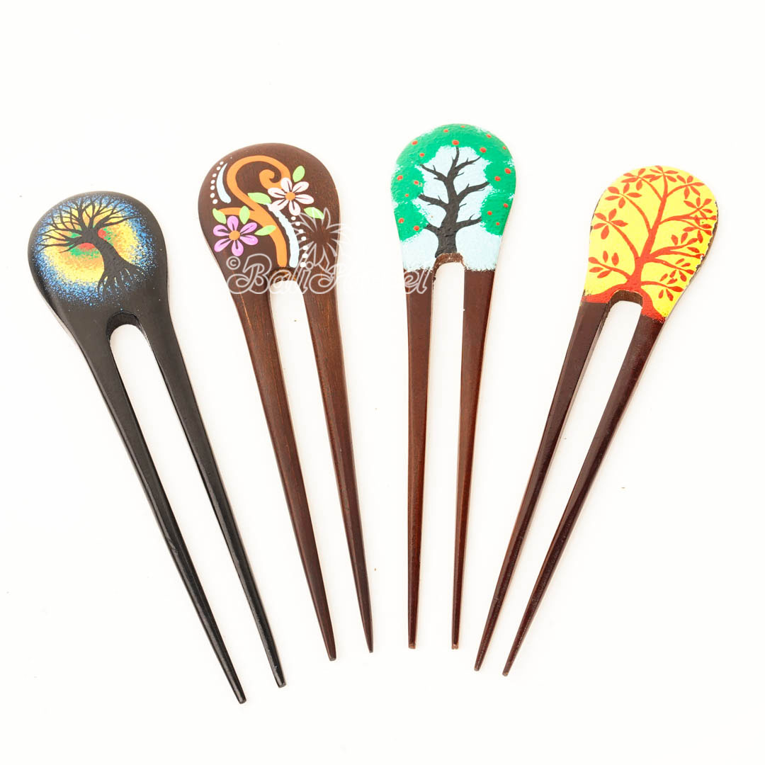 Assorted Hair Ornament With Painted, Handmade From Pinus Wood