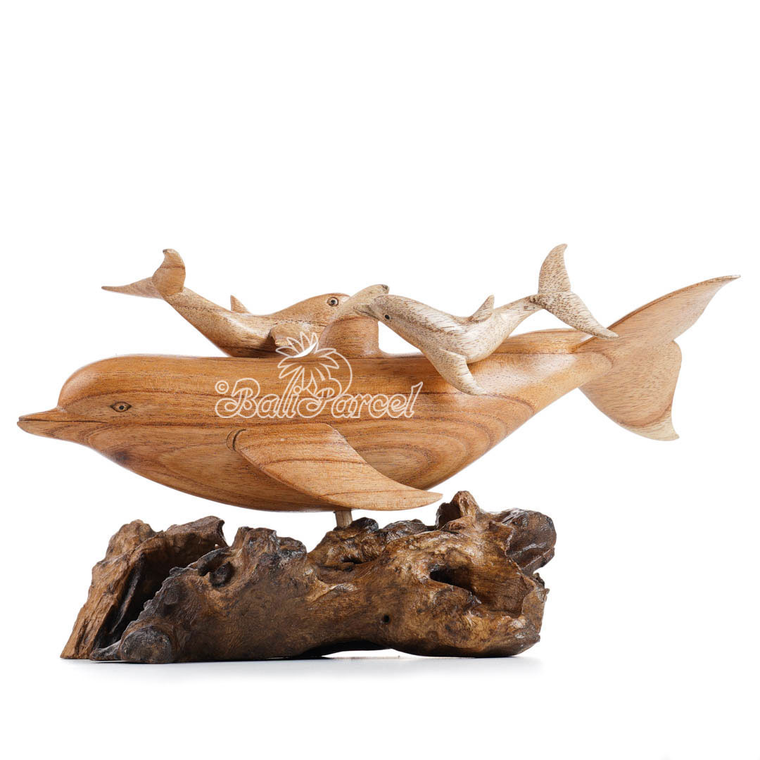 Wooden Dolphins With 2 Baby On Top, Handmade From Hibiscus Wood