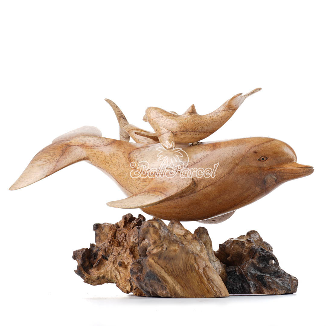 Wooden Dolphins With 2 Baby On Top, Handmade From Hibiscus Wood