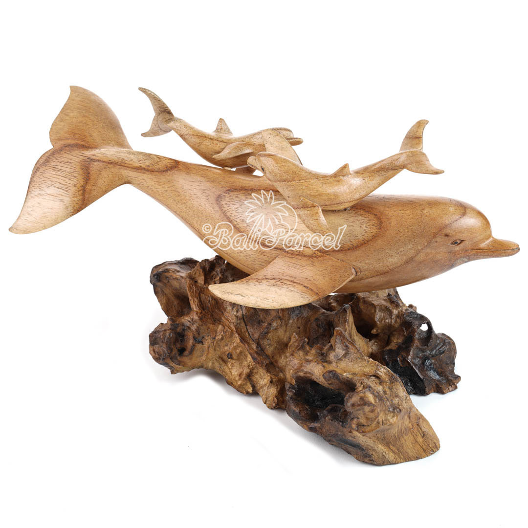 Wooden Dolphins With 2 Baby On Top, Handmade From Hibiscus Wood