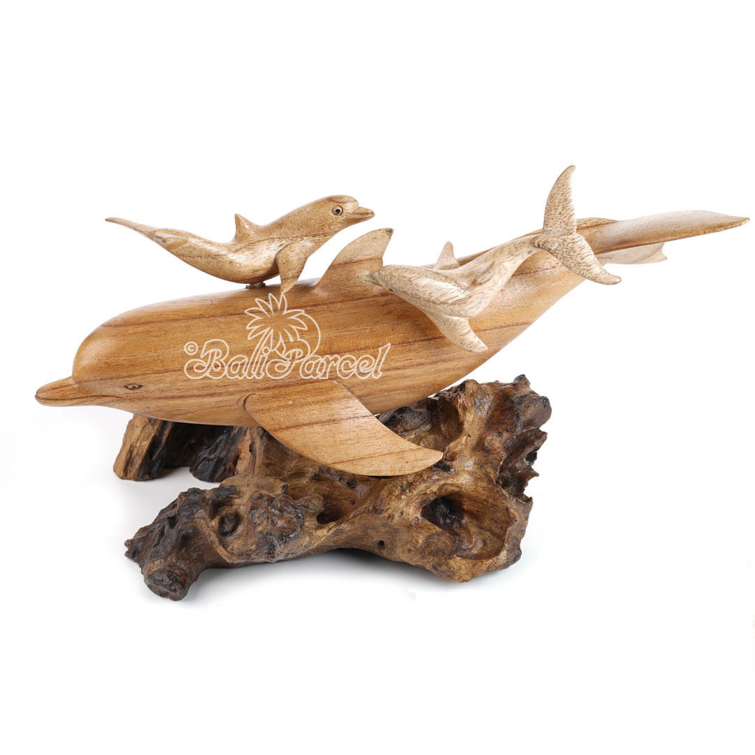 Wooden Dolphins With 2 Baby On Top, Handmade From Hibiscus Wood