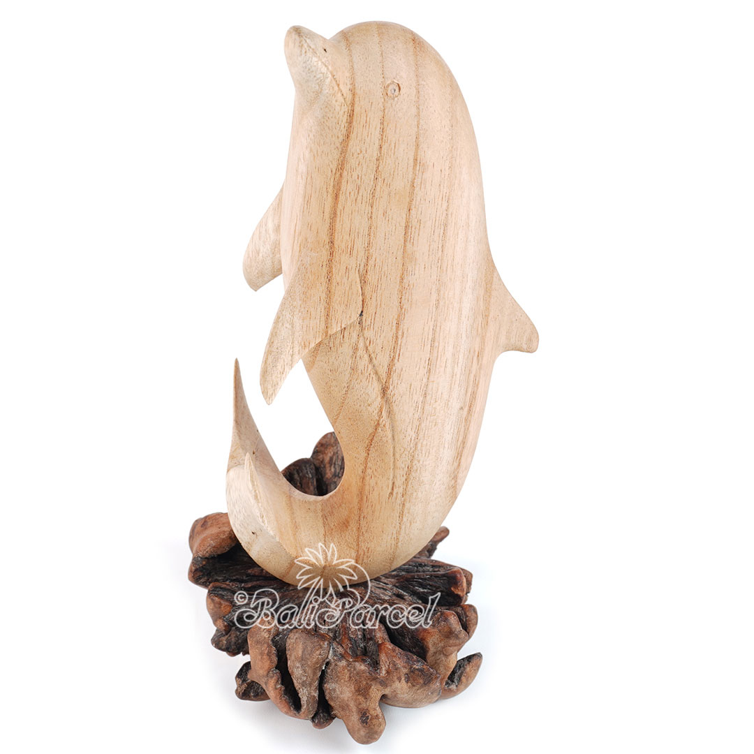 Wooden Dolphin Standing With Parasite Wood, Handmade From Hibiscus Wood