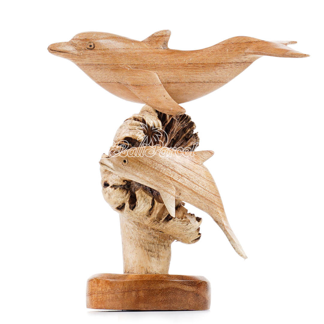 Wooden 2 Dolphins With Parasite Wood, Handmade From Hibiscus Wood