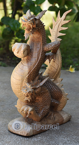 Wooden Dragon With Baby, Hand Carved From Suar Wood