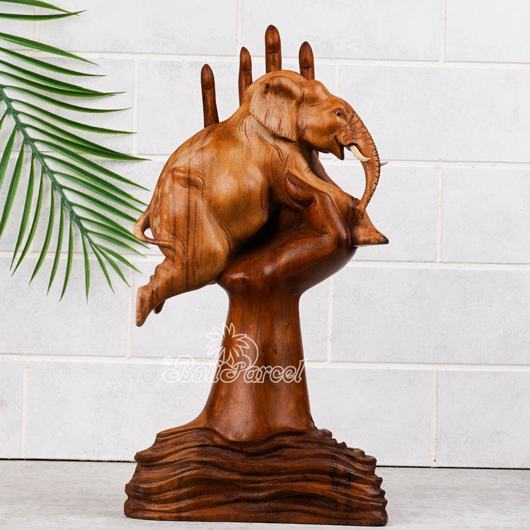 Wooden Elephant With Hand, Handmade From Suar Wood