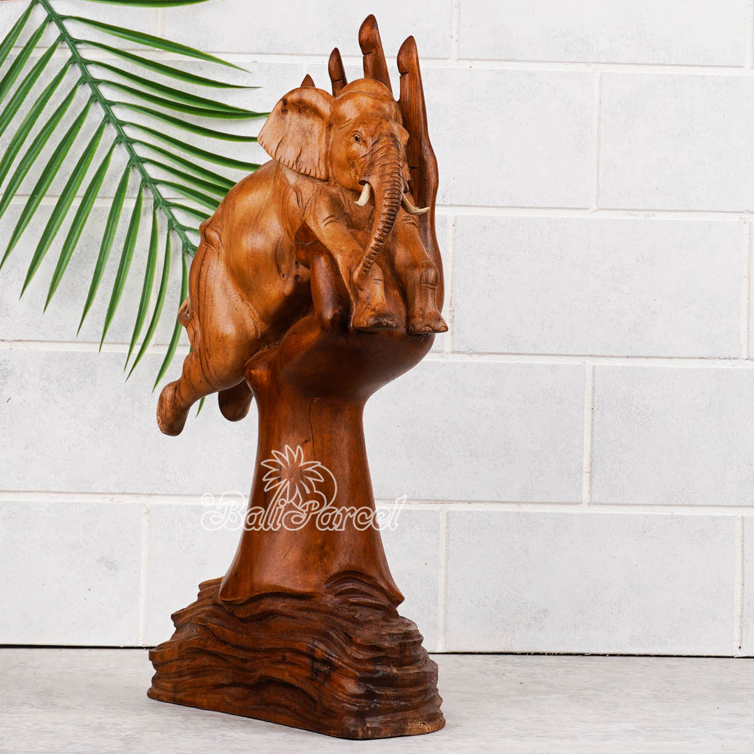 Wooden Elephant With Hand, Handmade From Suar Wood
