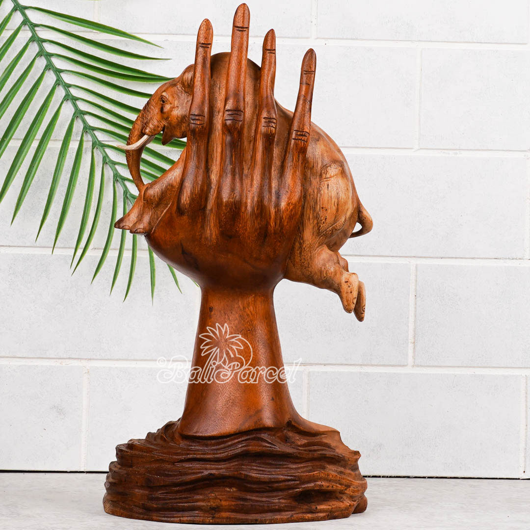 Wooden Elephant With Hand, Handmade From Suar Wood