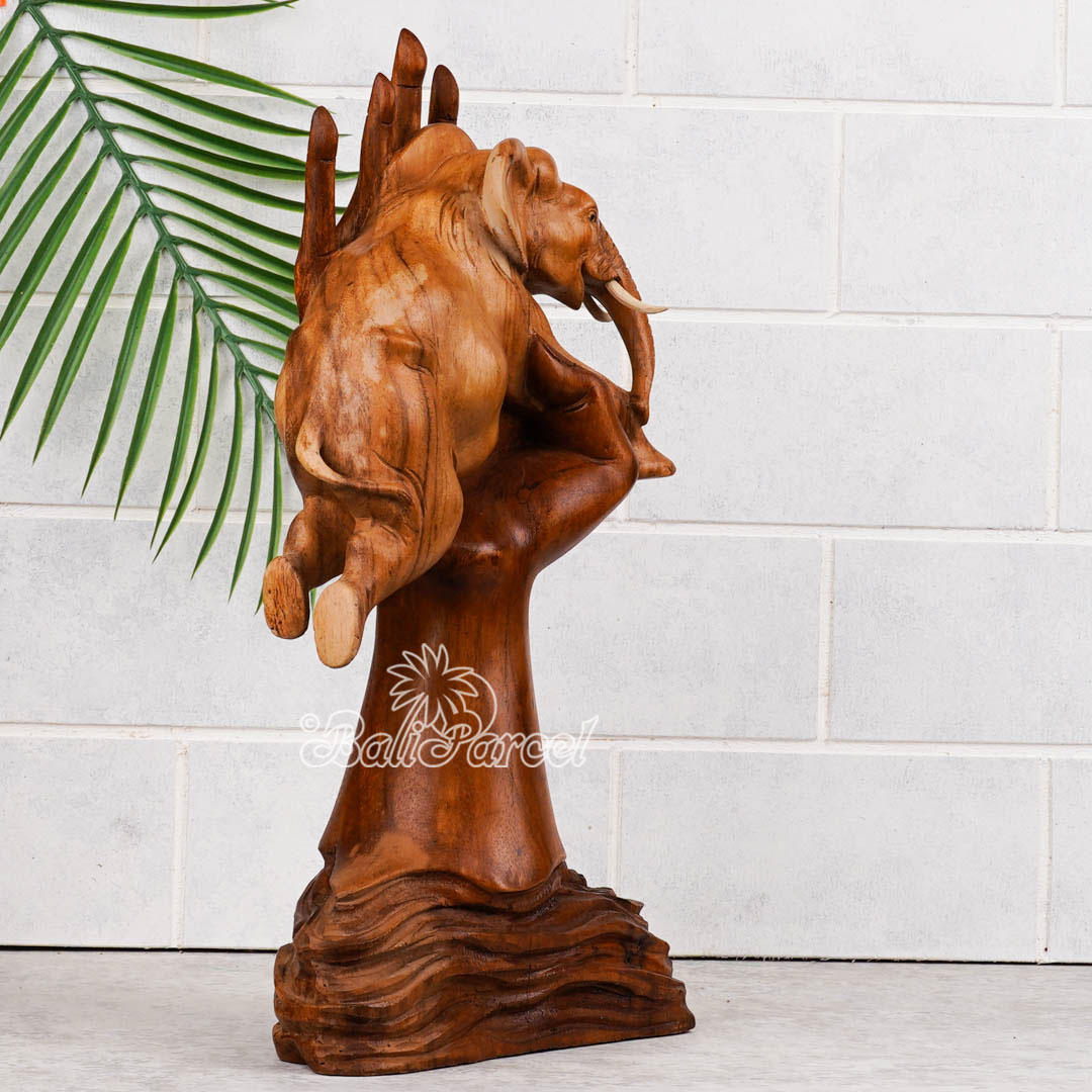 Wooden Elephant With Hand, Handmade From Suar Wood