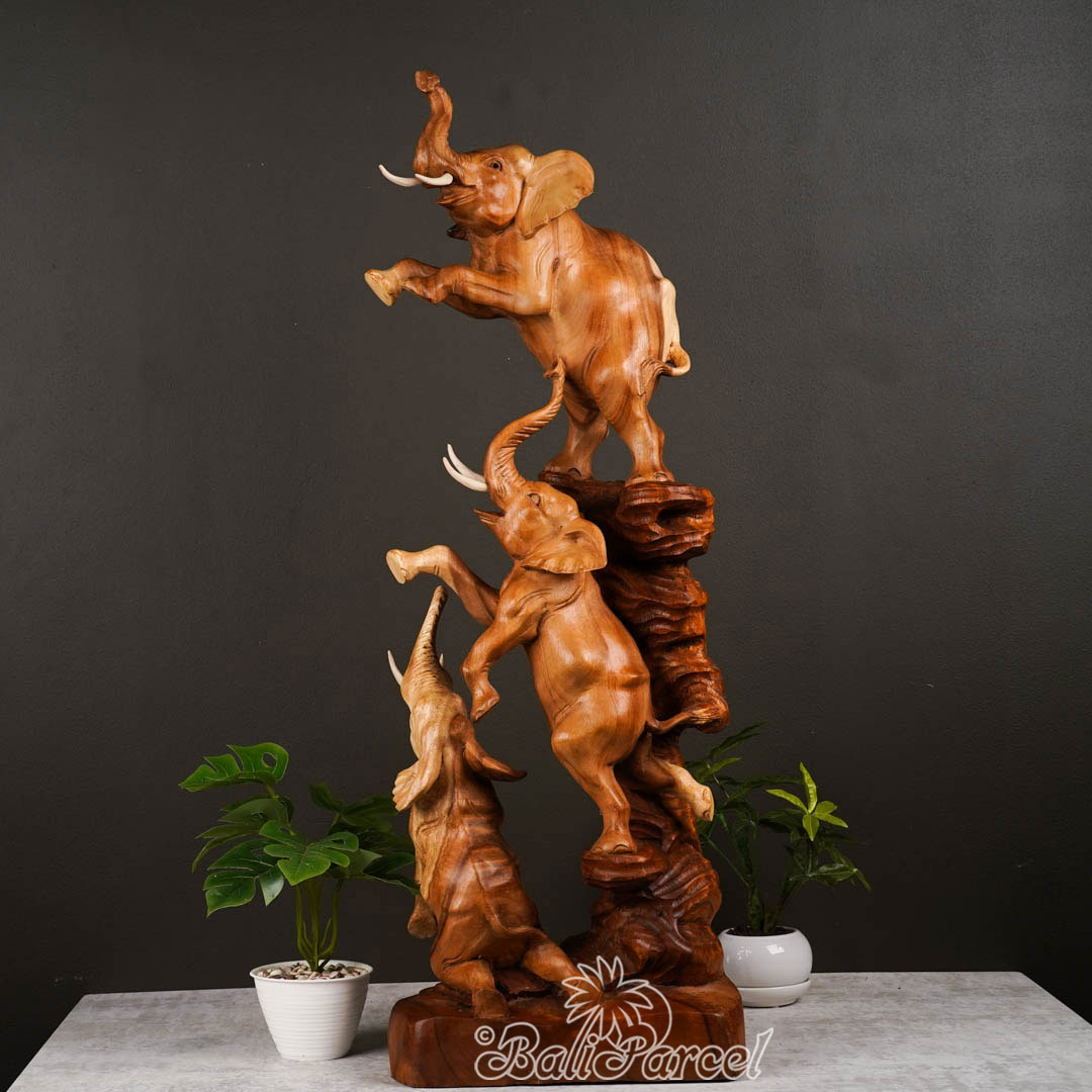 Wooden 3 Elephant Standing, Hand Made From Suar Wood