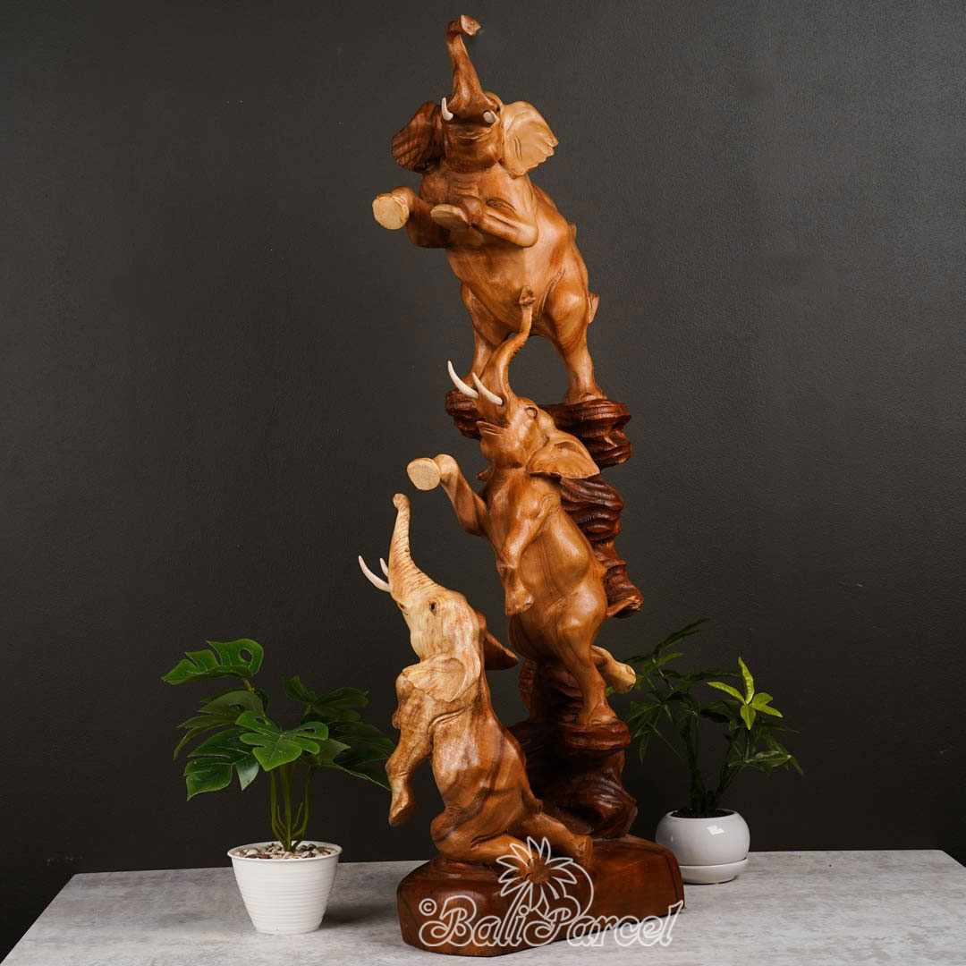 Wooden 3 Elephant Standing, Hand Made From Suar Wood