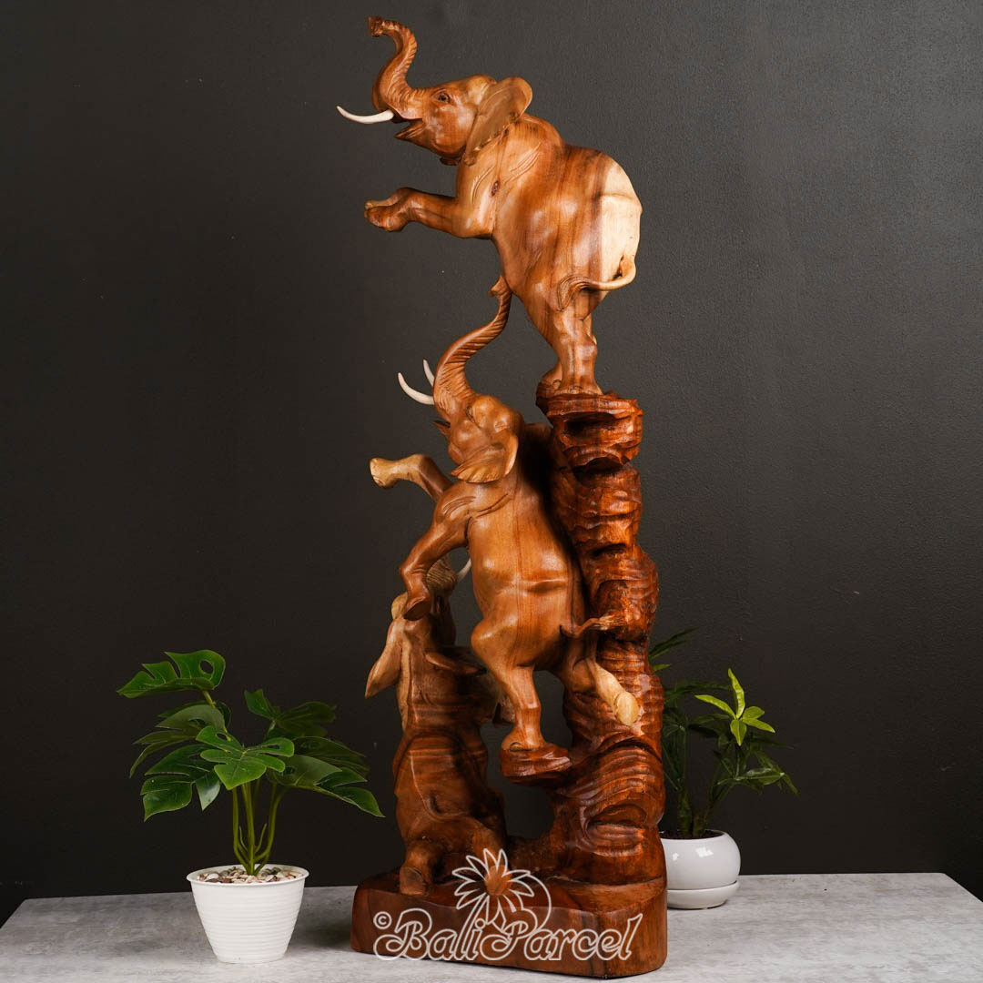 Wooden 3 Elephant Standing, Hand Made From Suar Wood