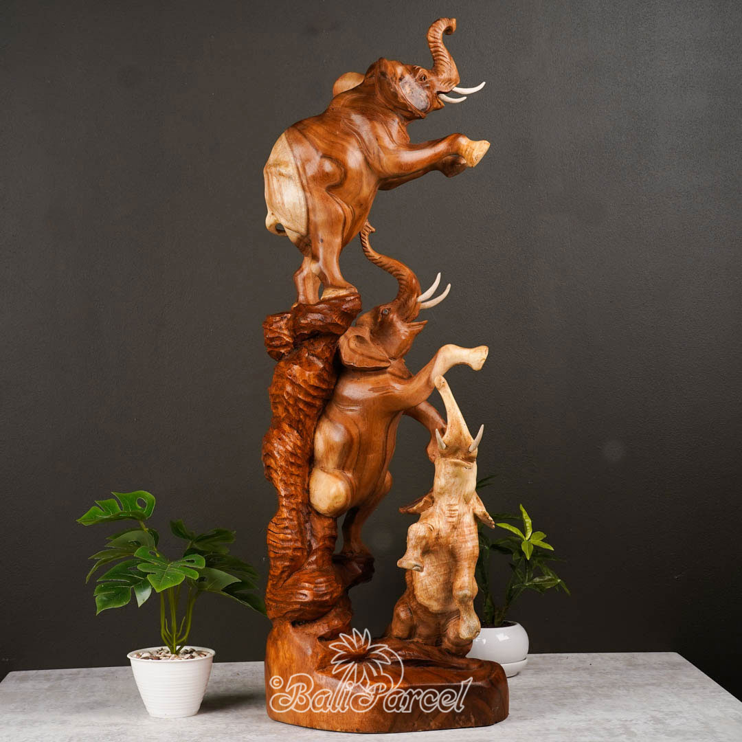 Wooden 3 Elephant Standing, Hand Made From Suar Wood