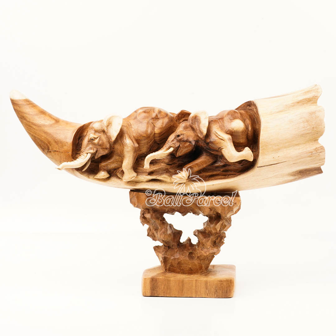 Elephant Ivory Shape Carving, And Elephant Statue Inside, Handmade From Suar Wood
