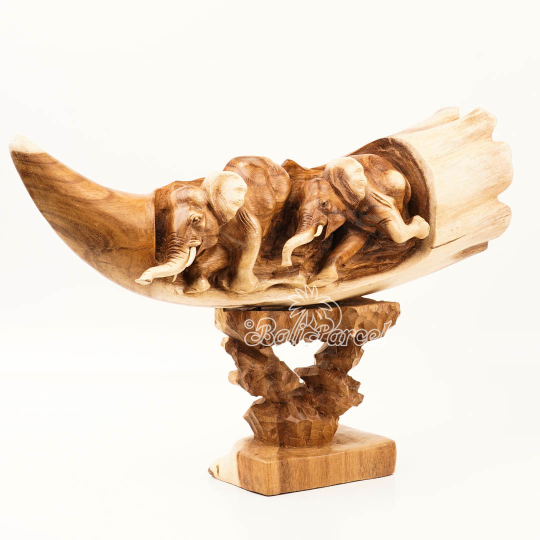 Elephant Ivory Shape Carving, And Elephant Statue Inside, Handmade From Suar Wood