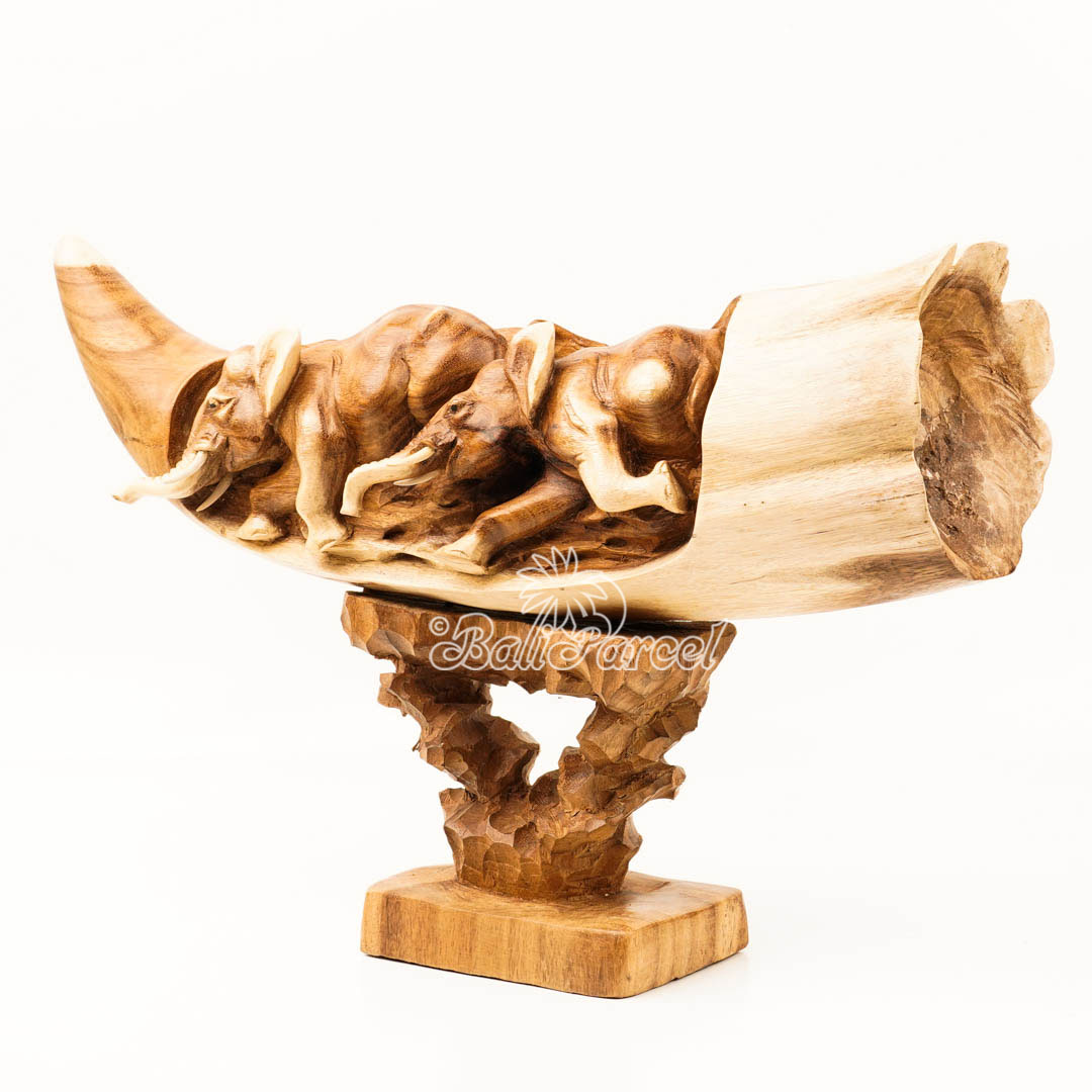 Elephant Ivory Shape Carving, And Elephant Statue Inside, Handmade From Suar Wood