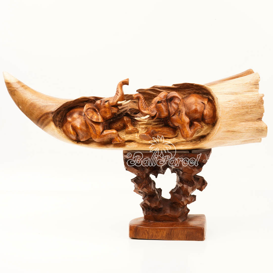 Elephant Ivory Shape Carving, And Elephant Statue Inside, Handmade From Suar Wood