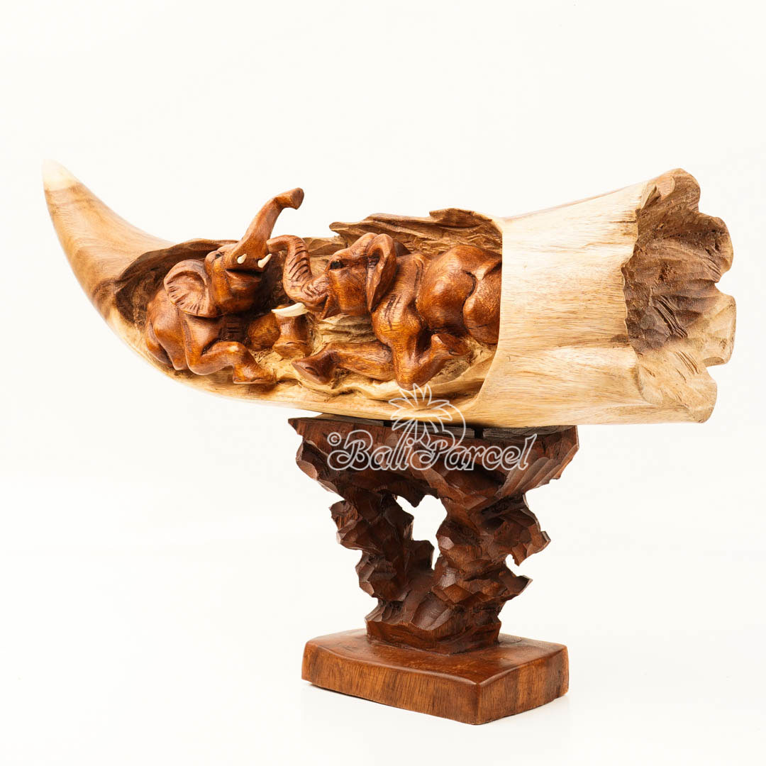 Elephant Ivory Shape Carving, And Elephant Statue Inside, Handmade From Suar Wood