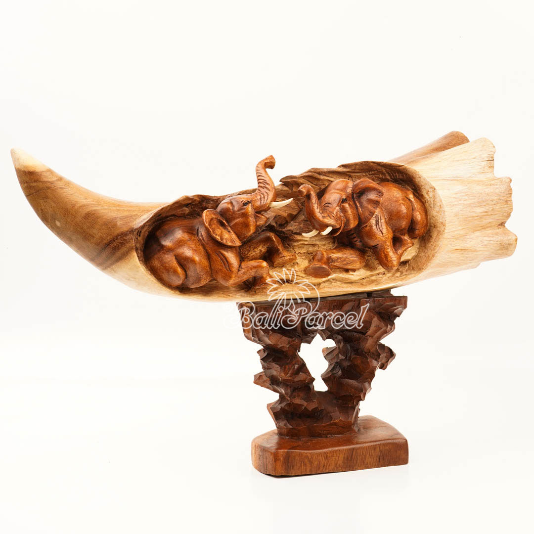Elephant Ivory Shape Carving, And Elephant Statue Inside, Handmade From Suar Wood