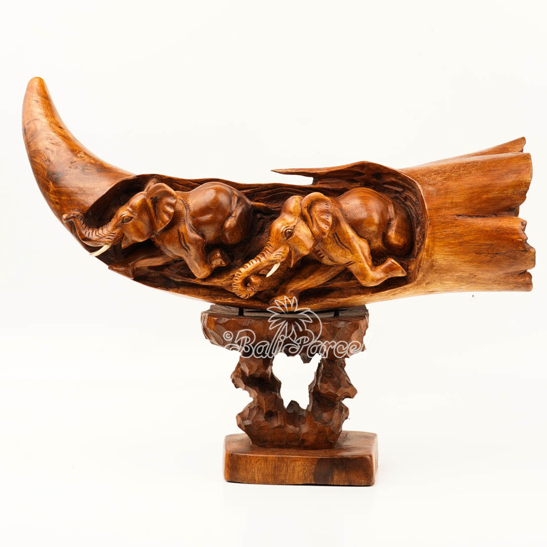 Elephant Ivory Shape Carving, And Elephant Statue Inside, Handmade From Suar Wood