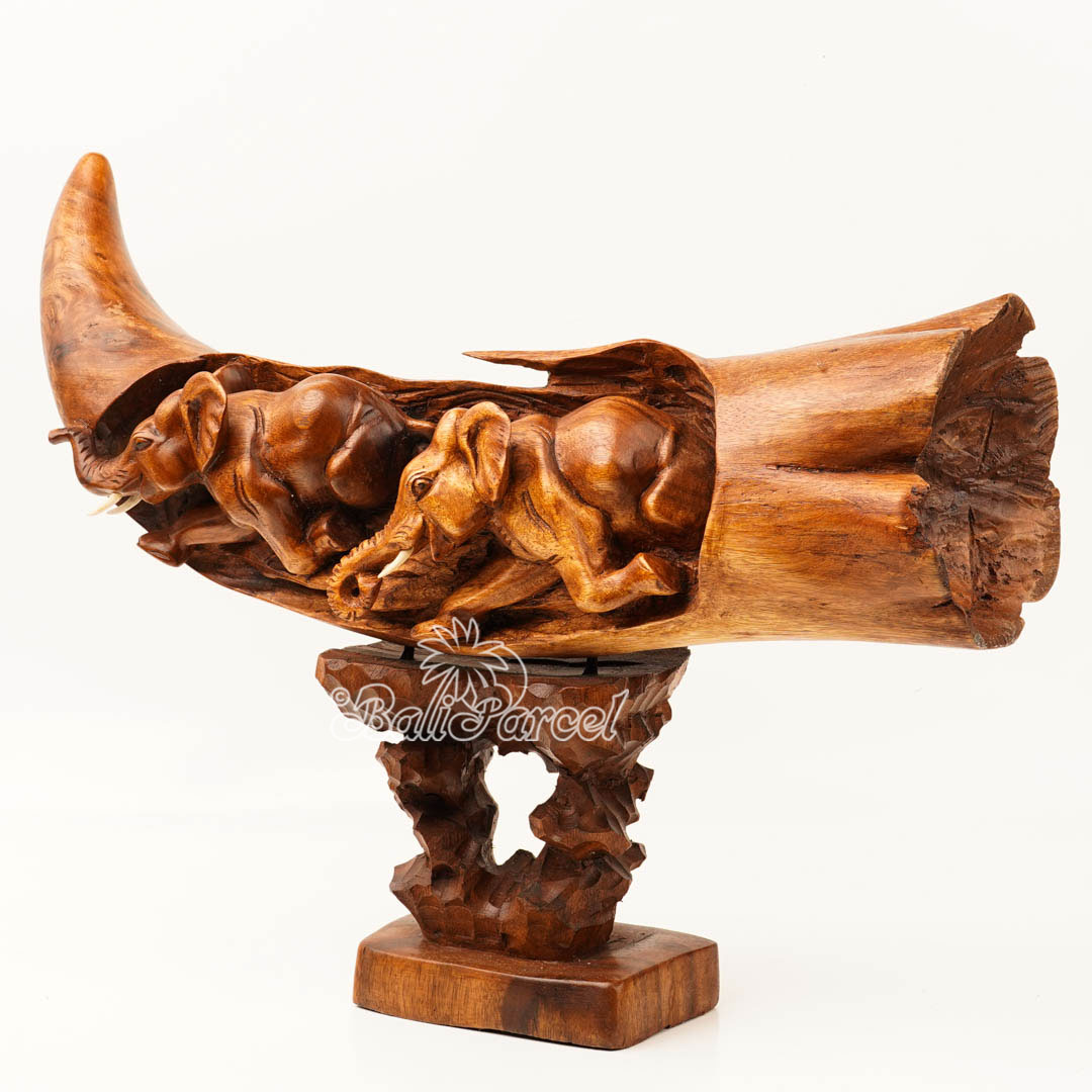 Elephant Ivory Shape Carving, And Elephant Statue Inside, Handmade From Suar Wood