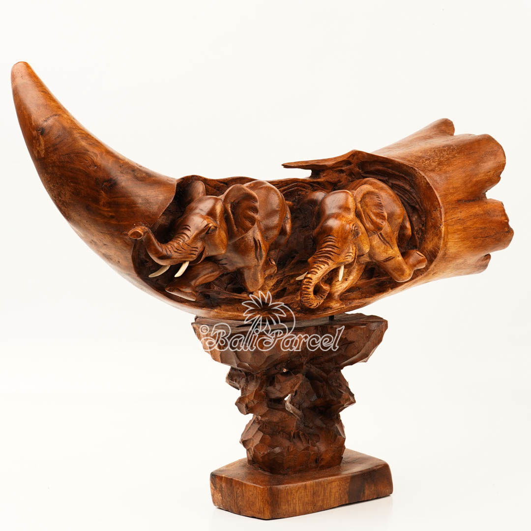 Elephant Ivory Shape Carving, And Elephant Statue Inside, Handmade From Suar Wood