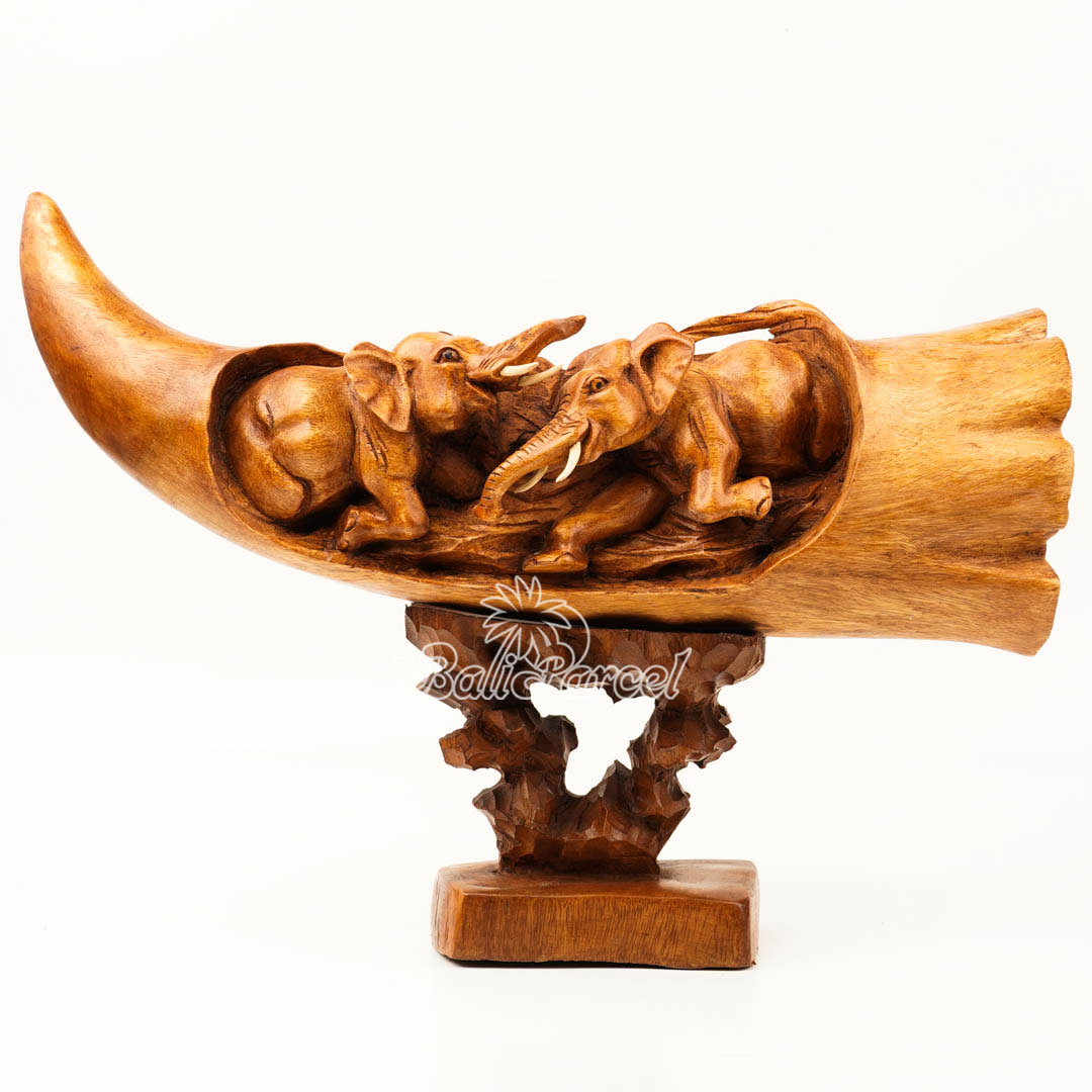 Elephant Ivory Shape Carving, And Elephant Statue Inside, Handmade From Suar Wood