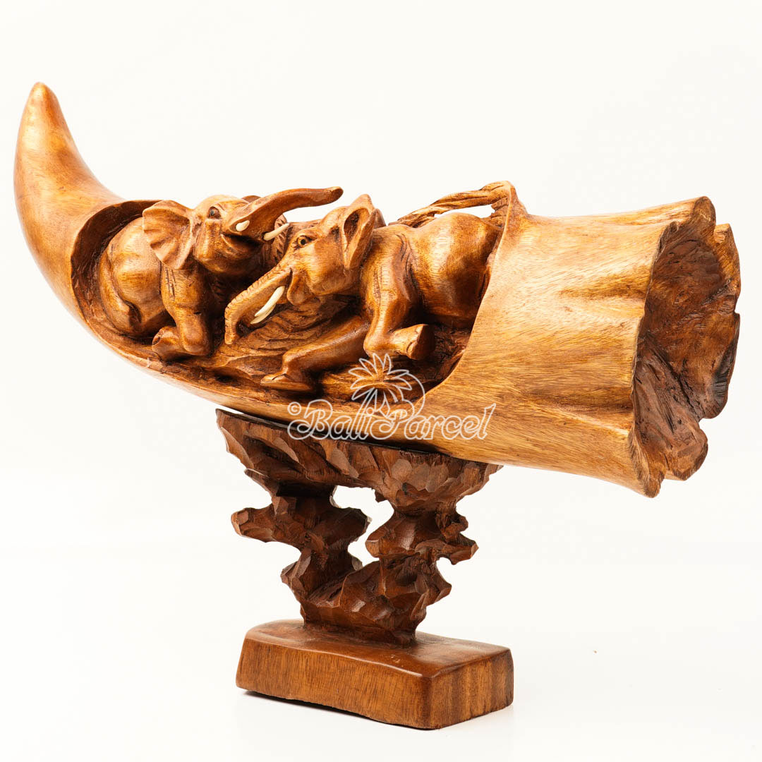 Elephant Ivory Shape Carving, And Elephant Statue Inside, Handmade From Suar Wood