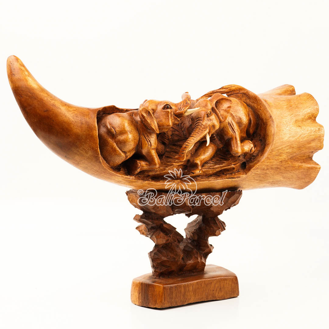Elephant Ivory Shape Carving, And Elephant Statue Inside, Handmade From Suar Wood
