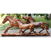 Wooden 3 Horse, Handmade From Suar Wood
