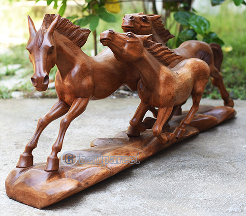 Wooden 3 Horse, Handmade From Suar Wood