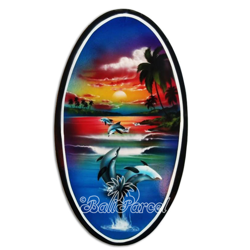 Wooden Surfboard Oval Shaped Airbrushed, Handmade From Pinus Wood