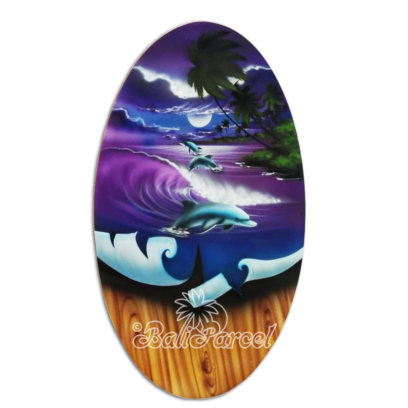 Wooden Surfboard Oval Shaped Airbrushed, Handmade From Pinus Wood
