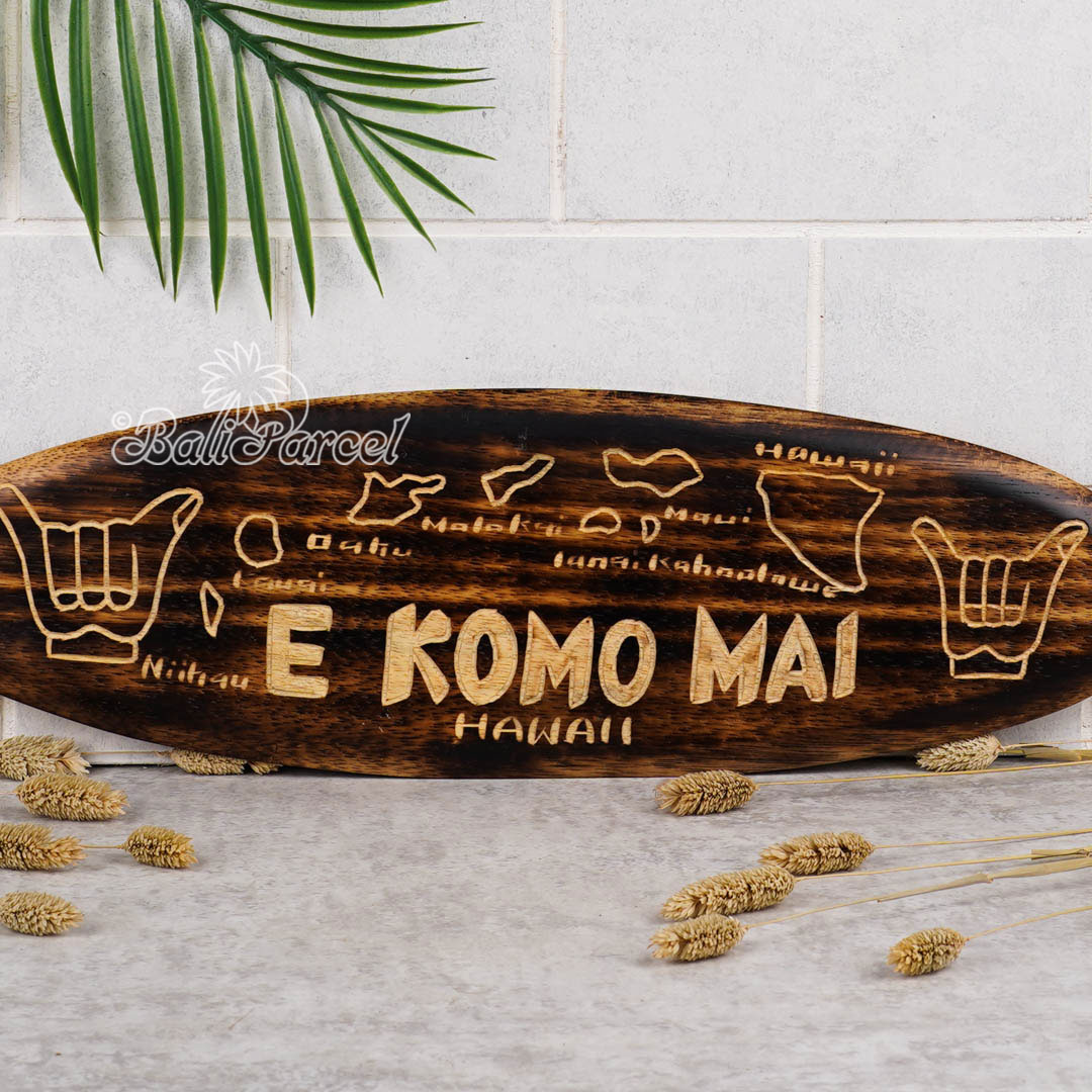 Wooden Surfboard Burning With Carving, Handmade From Pinus Wood