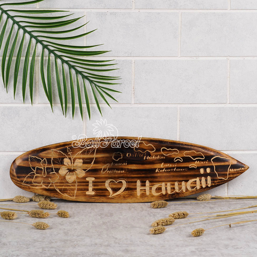 Wooden Surfboard Burning With Carving, Handmade From Pinus Wood