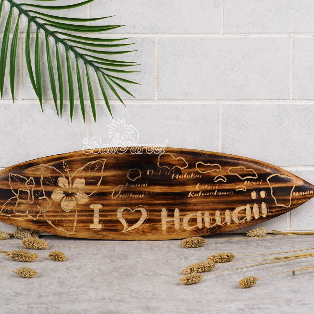 Wooden Surfboard Burning With Carving, Handmade From Pinus Wood