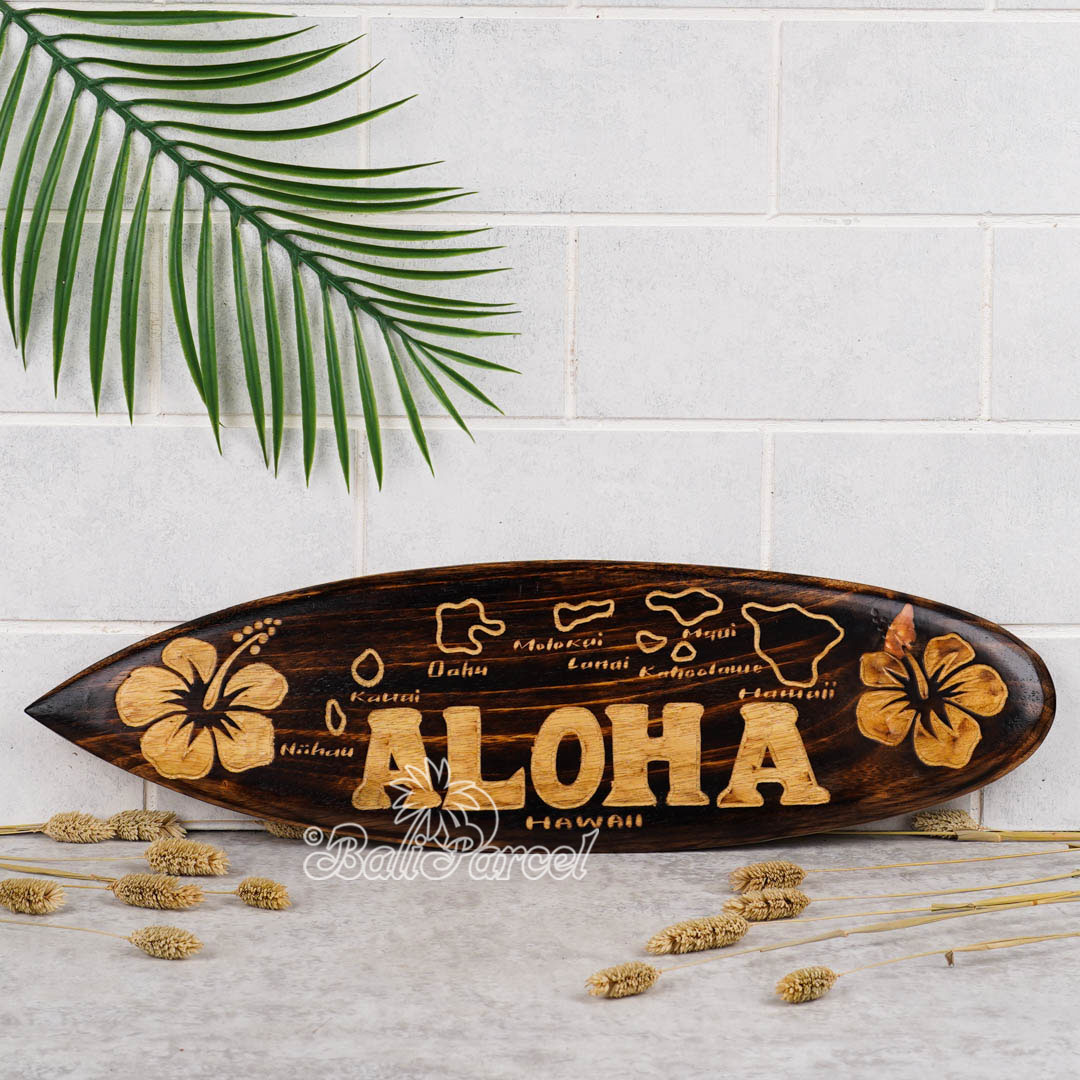 Wooden Surfboard Burning With Carving, Handmade From Pinus Wood