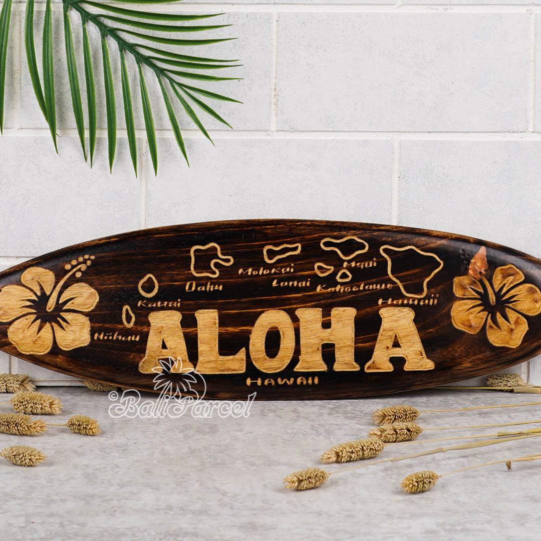 Wooden Surfboard Burning With Carving, Handmade From Pinus Wood